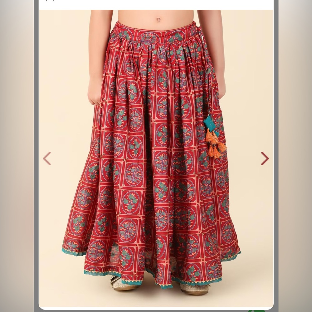 Fabindia Girls Cotton Silk Skirt 6–8 Years Red with Green Details Made in India